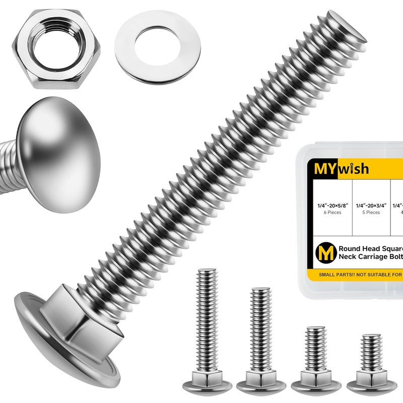 MYWISH 60Pcs 1/4-20 Carriage Bolts Screws Assortment Kit, Round Head Square Neck and Hex Nuts & Flat Washers, 5 Sizes 304 Stainless Steel Bright Finish 1/4 Bolts - Image 1